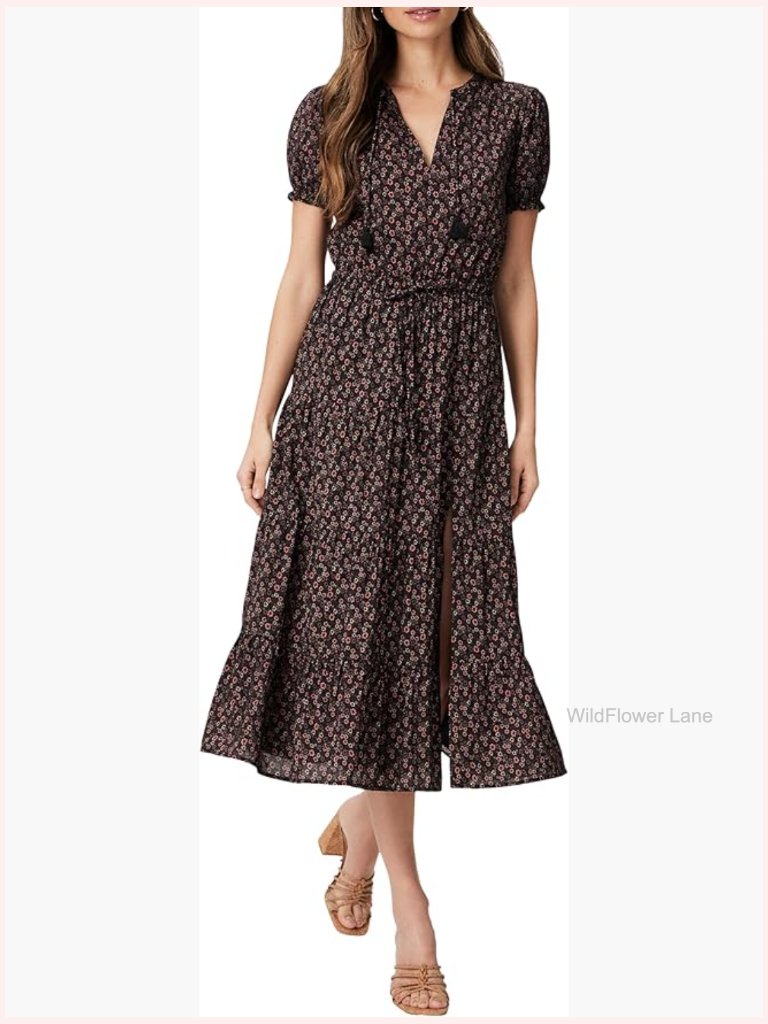 Floral Midi A-Line Dress With Bow, Scoop Neck, Pull On